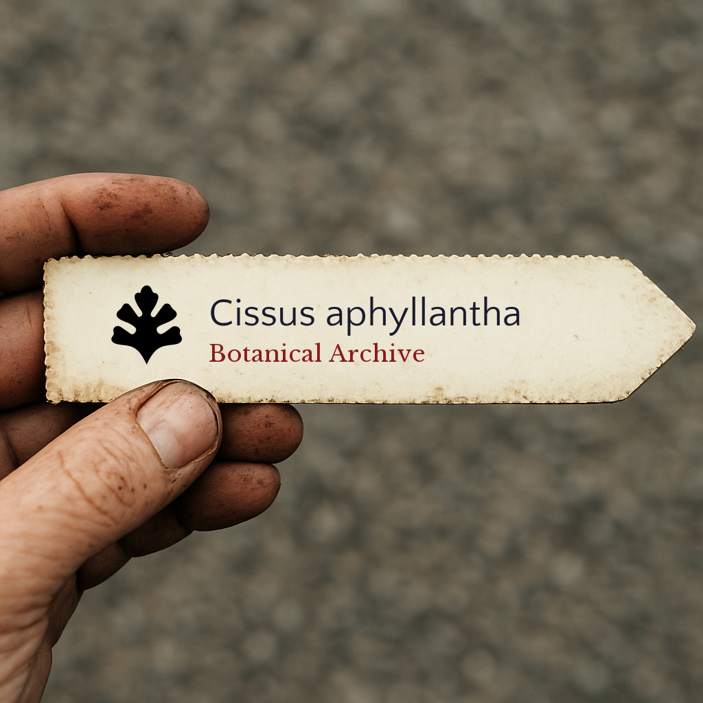 Printed plant label for Cissus aphyllantha with botanical archive logo held by hand