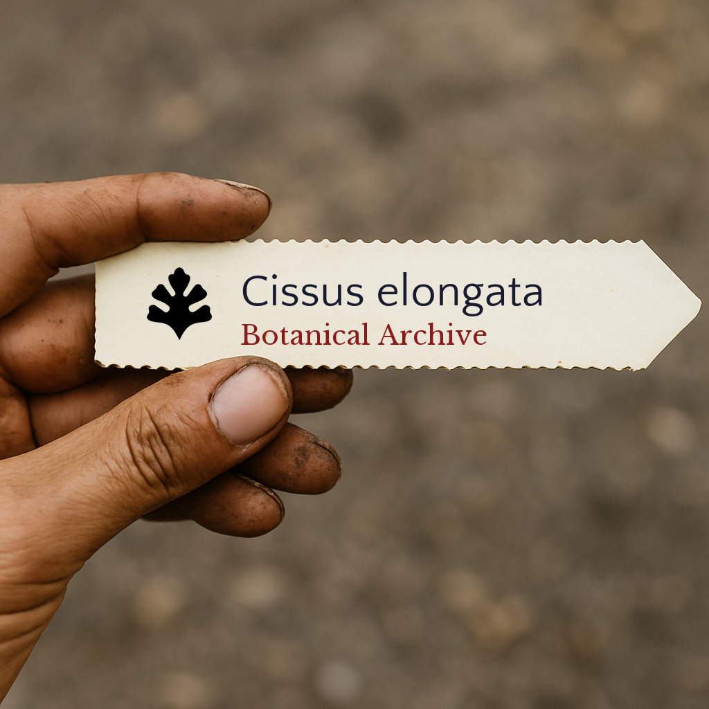 Etichetta per pianta stampata di Cissus elongata tenuta a mano con dita macchiate di terra