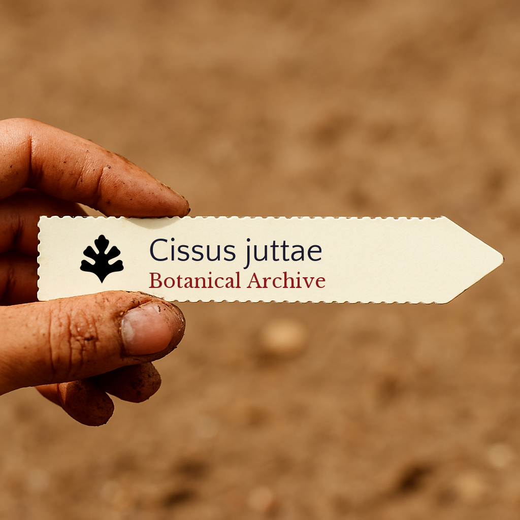 Etichetta stampata per pianta di Cissus juttae tenuta da una mano sporca contro sfondo di terreno