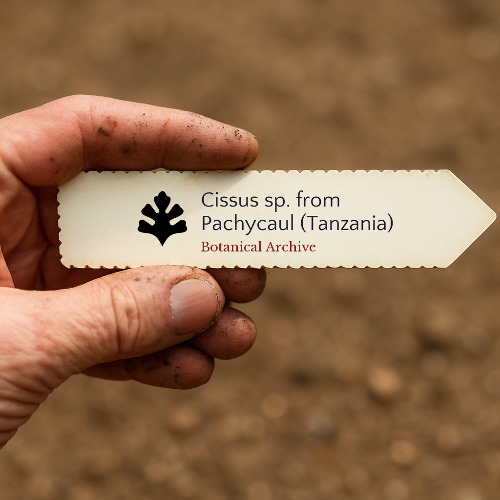 Printed plant label for Cissus sp. from Pachycaul Tanzania held by dirty hand