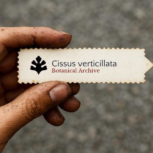 Etichetta stampata per pianta di Cissus verticillata tenuta da mano sporca su sfondo sfocato