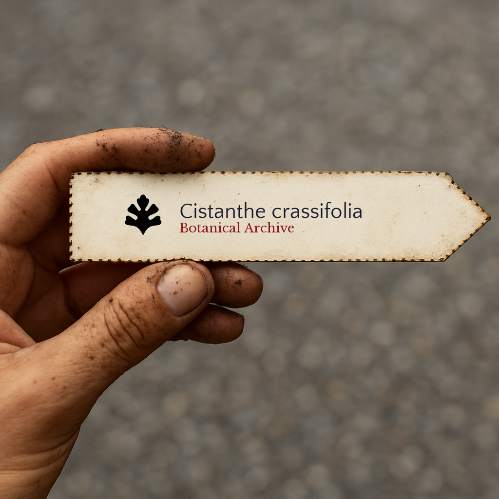 Printed plant label for Cistanthe crassifolia held by dirty hand outdoors