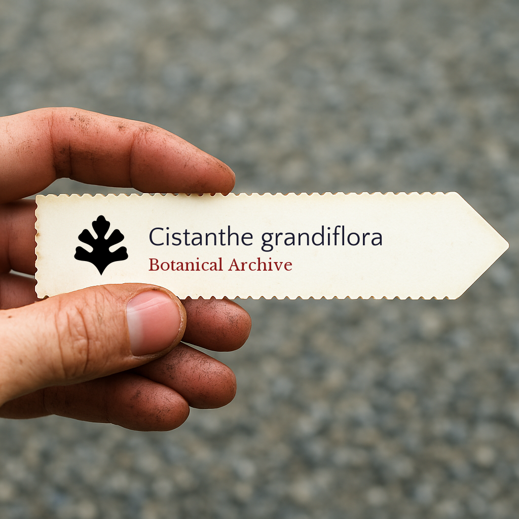 Etichetta per pianta stampata per Cistanthe grandiflora tenuta in mano con sfondo di terra