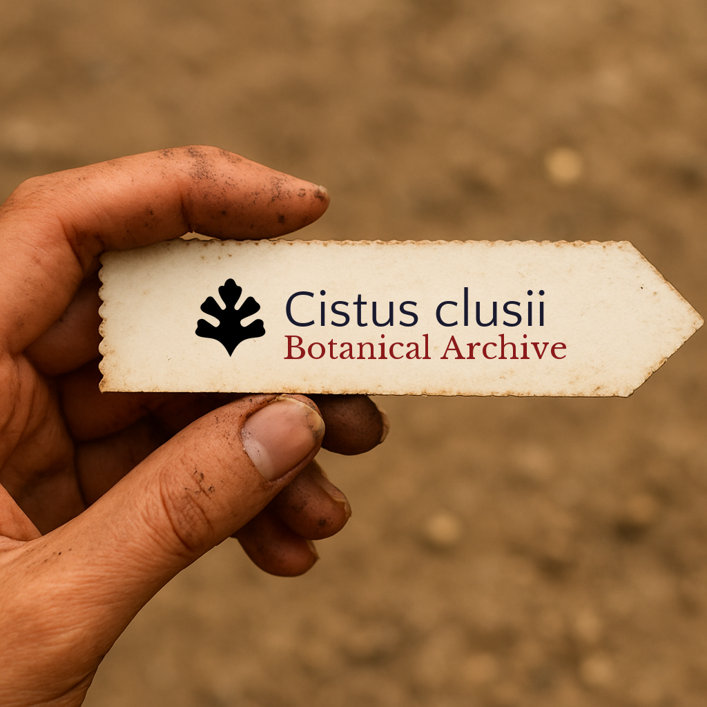 Etichetta portatile vintage dell'archivio botanico per Cistus clusii con icona foglia su sfondo beige
