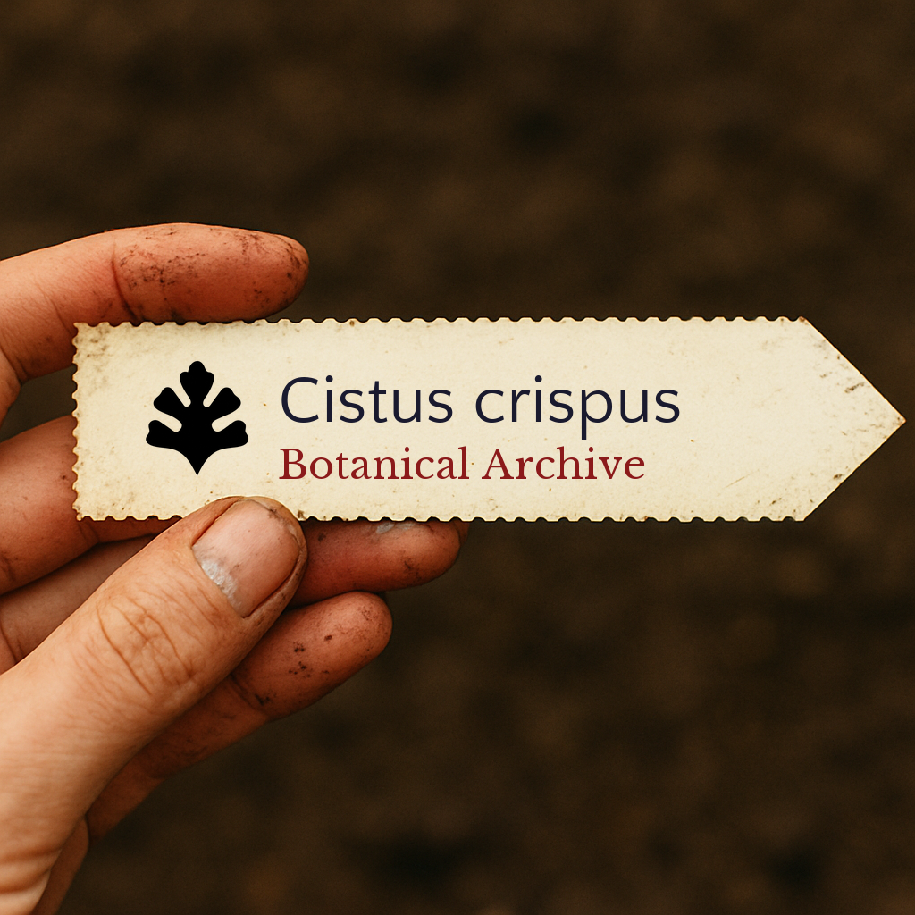 Etichetta piantina stampata per Cistus crispus con logo Botanical Archive tenuta da mano sporca