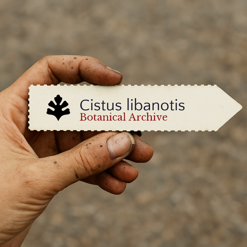 Printed plant label for Cistus libanotis Botanical Archive held by dirty hand