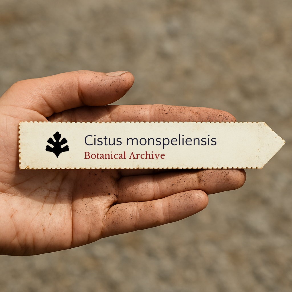 Printed plant label for Cistus monspeliensis held in a dirty hand outdoors