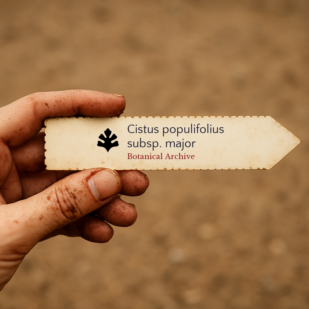 Printed plant label for Cistus populifolius subsp. major held in dirty hand outdoors
