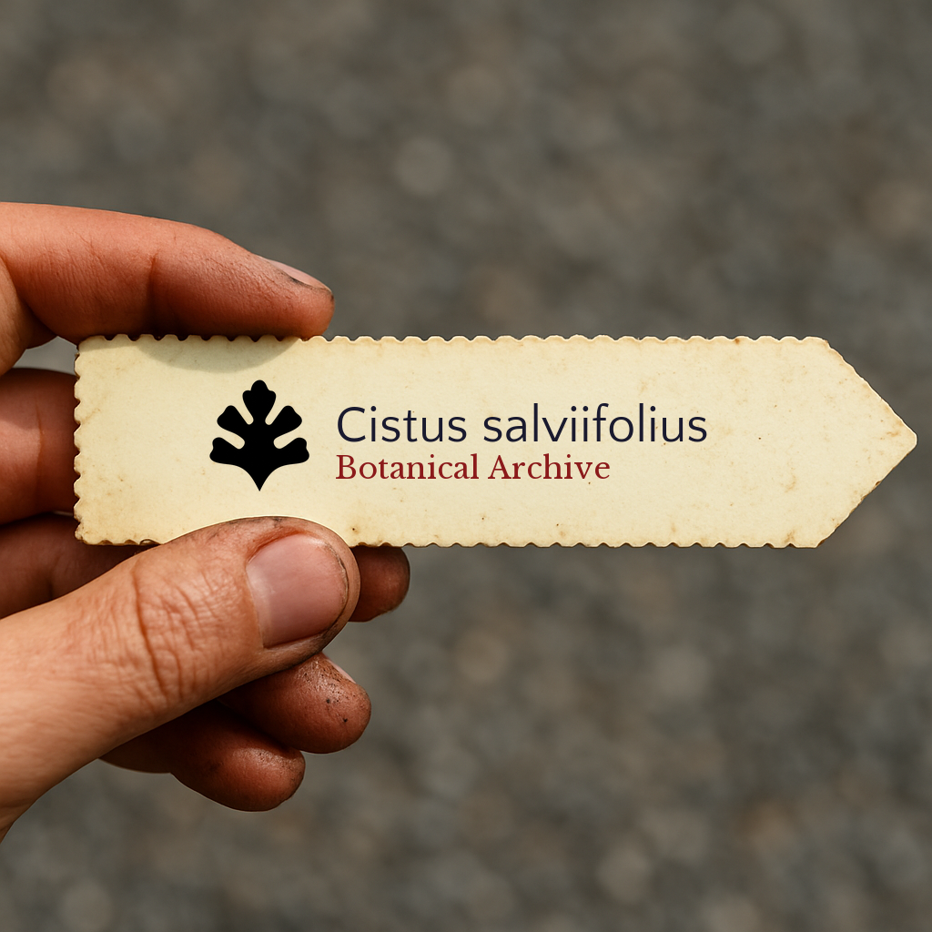 Printed plant label for Cistus salviifolius held by hand with dirt background