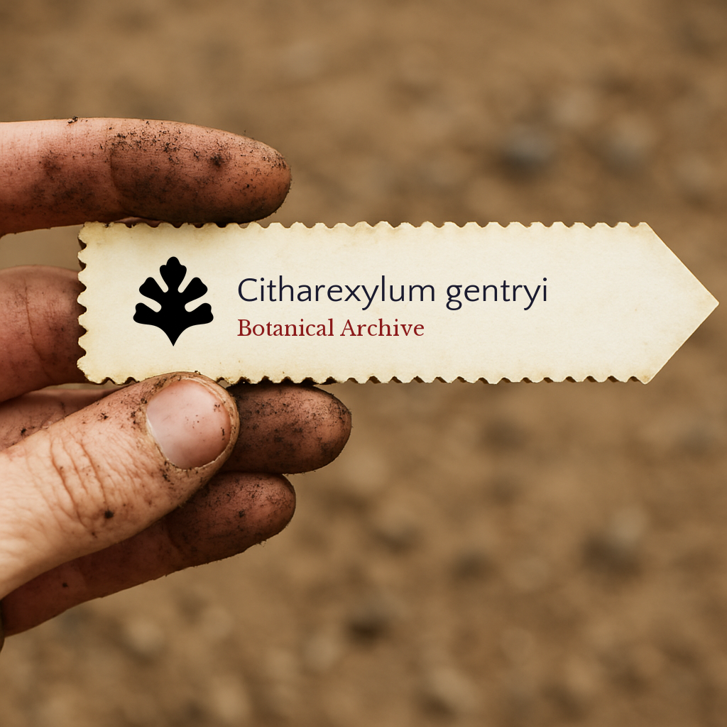 Etichetta stampata per pianta di Citharexylum gentryi tenuta da mano sporca su sfondo di terreno