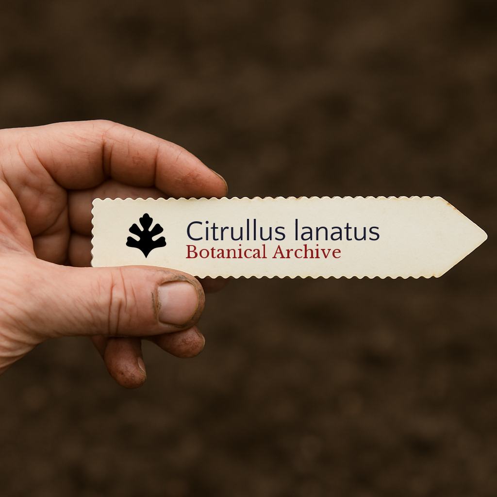 Printed plant label for Citrullus lanatus held by hand over soil background
