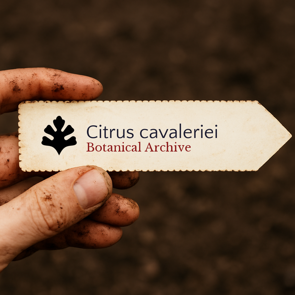 Etichetta per pianta stampata per Citrus cavaleriei Botanical Archive tenuta dalla mano sporca di un giardiniere