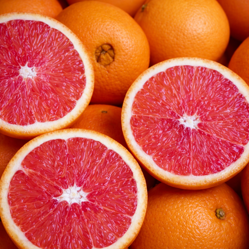 Arance mature Citrus sinensis ‘Navel Cara Cara’ con polpa segmentata di un brillante rosso e buccia liscia arancione