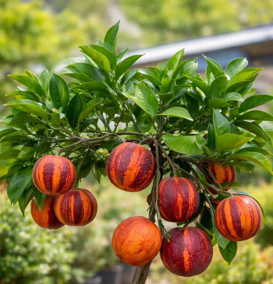 Frutti maturi di arancia amara striata Citrus x aurantium 'Arcobal' su ramo foglioso