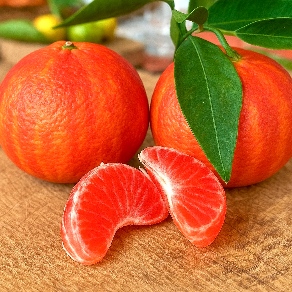 Citrus × clementina bright ripe fruit with glossy green leaves and juicy segments
