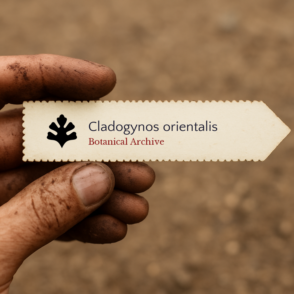 Printed plant label for Cladogynos orientalis held by dirty hand outdoors