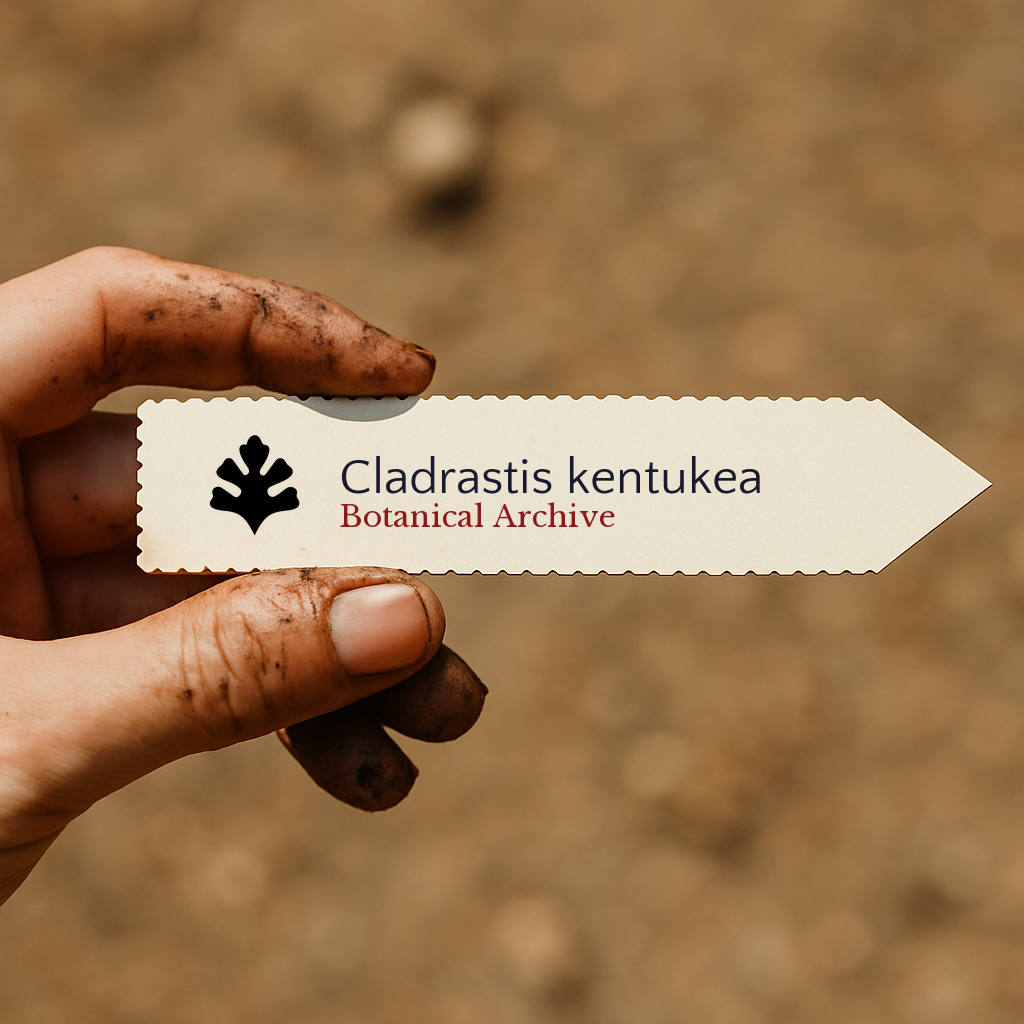 Etichetta per pianta stampata per Cladrastis kentukea tenuta da mano sporca all'aperto