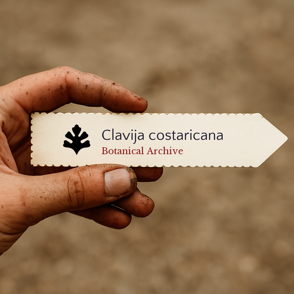 Etichetta vegetale stampata per Clavija costaricana tenuta a mano con sfondo di terra
