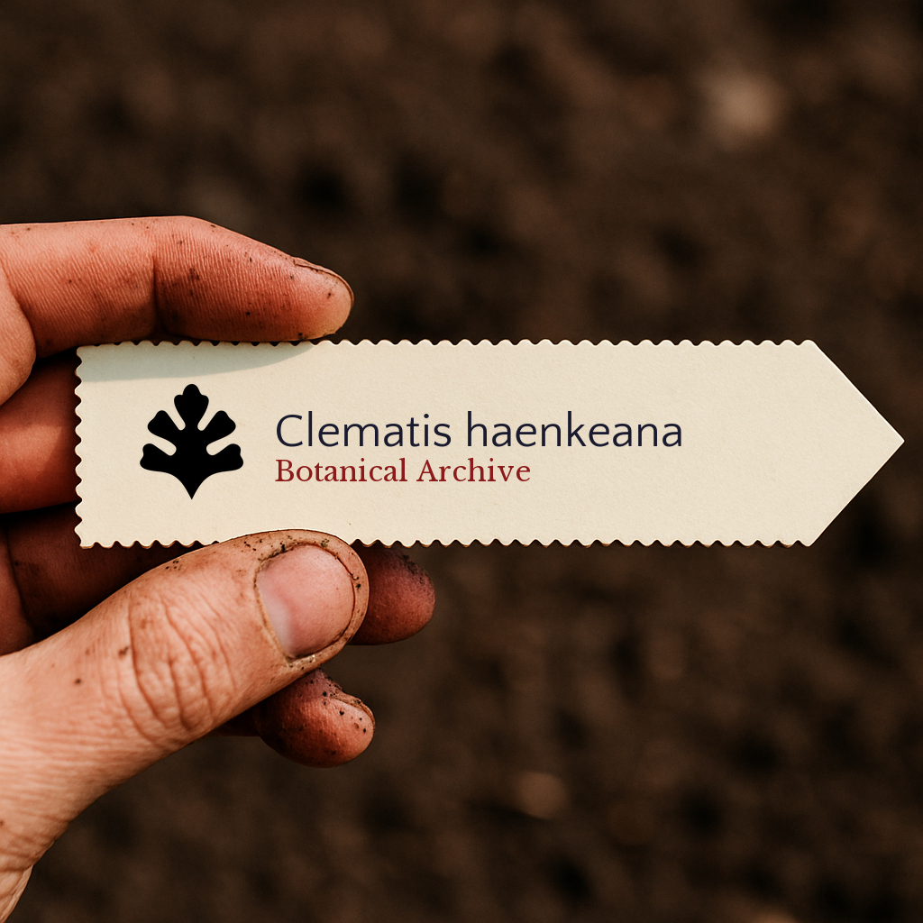Etichetta vegetale stampata per Clematis haenkeana tenuta in mano con sfondo di terreno