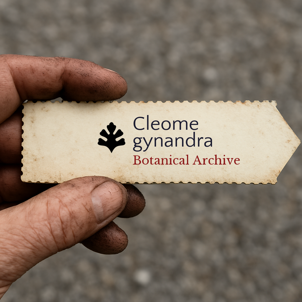 Etichetta stampata dell'archivio botanico per Cleome gynandra tenuta da una mano sporca