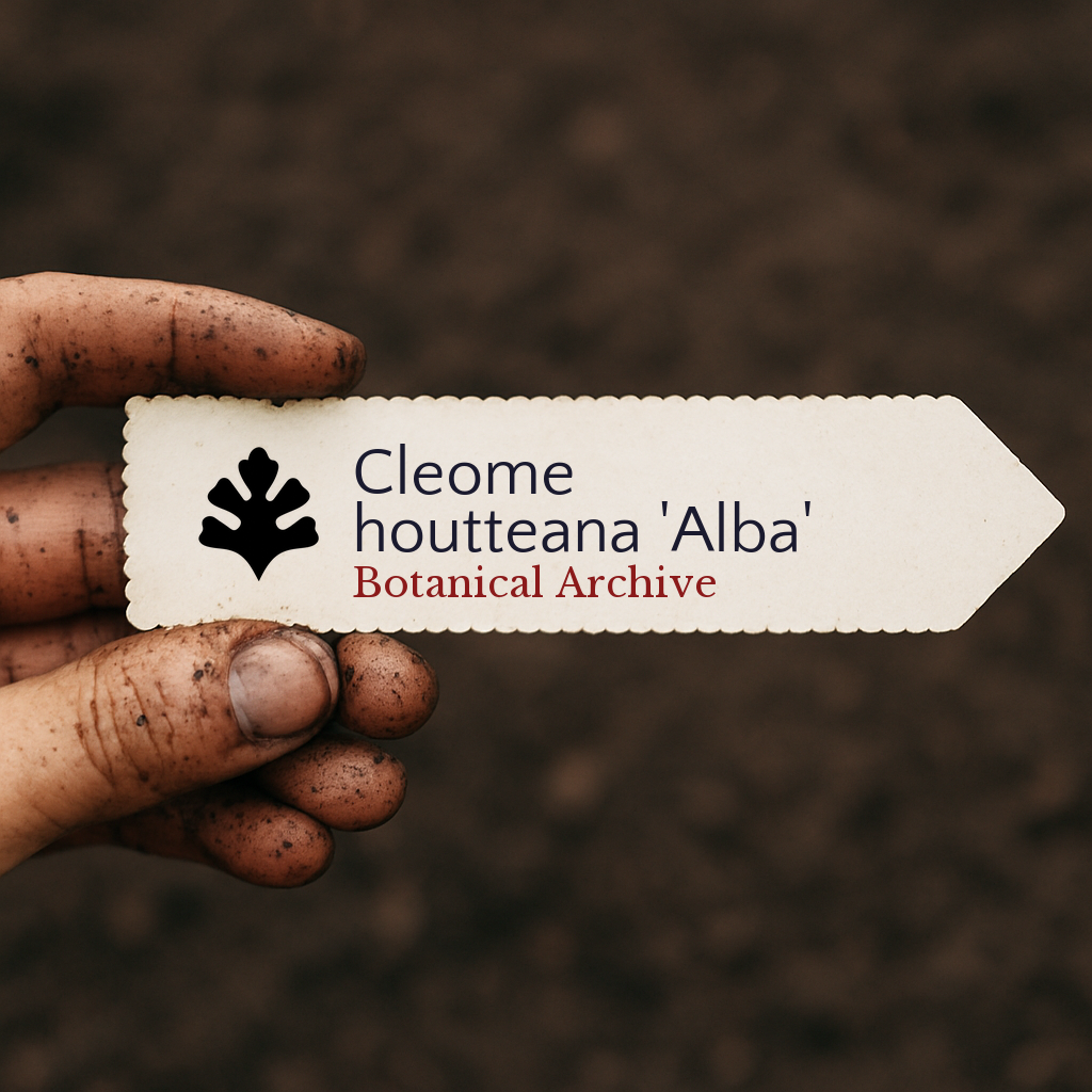 Printed plant label for Cleome houtteana 'Alba' held by dirty hand over soil background