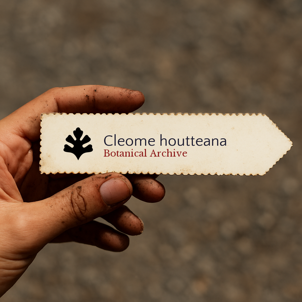 Printed plant label for Cleome houtteana held in dirty hand outdoors