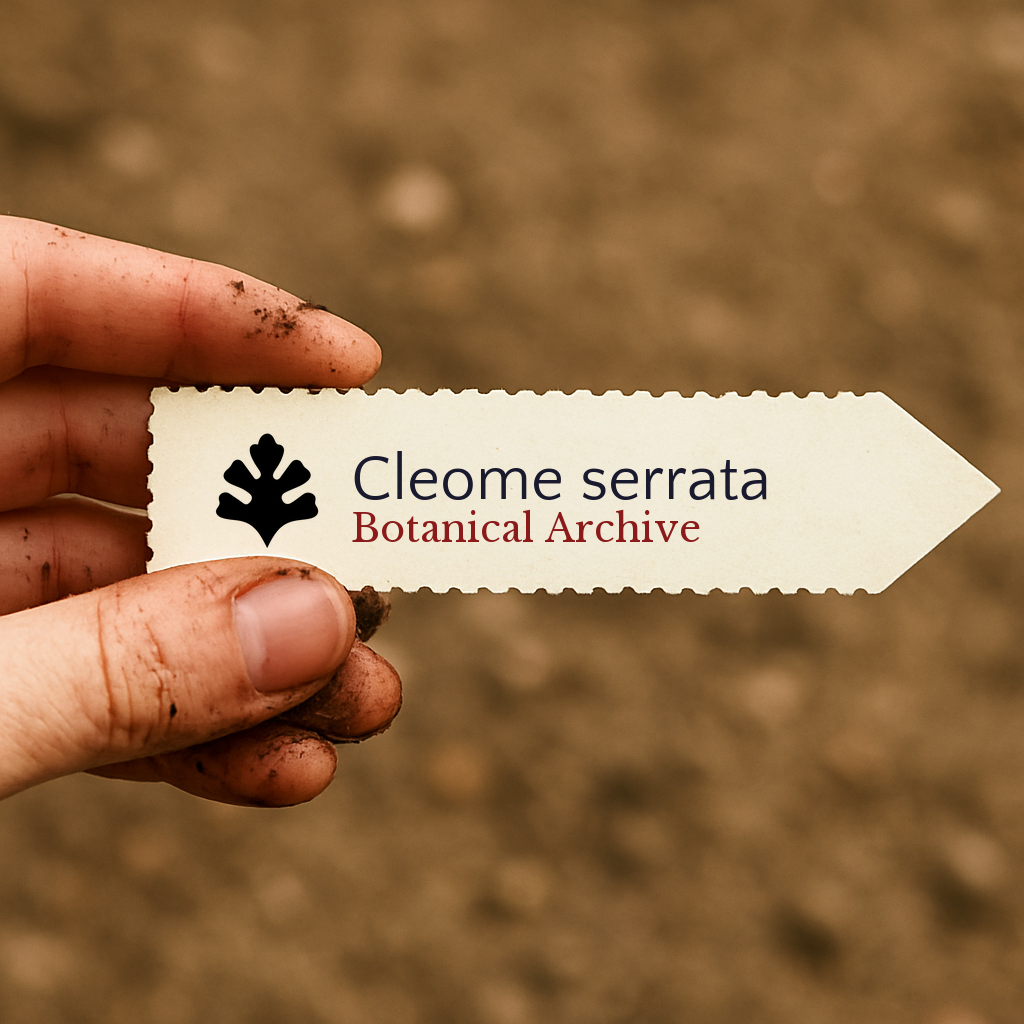 Etichetta stampata per pianta di Cleome serrata tenuta da mano sporca su sfondo di terra