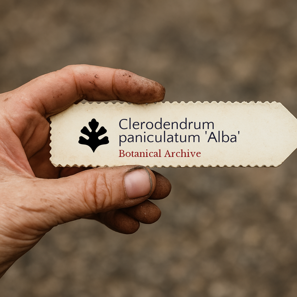Cartellino della pianta stampato per Clerodendrum paniculatum 'Alba' tenuto da mano sporca all'aperto