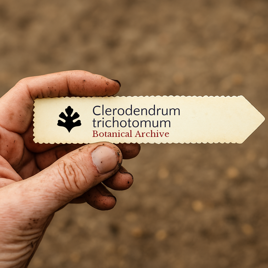 Etichetta per pianta stampata di Clerodendrum trichotomum tenuta da un giardiniere con mani macchiate di terra