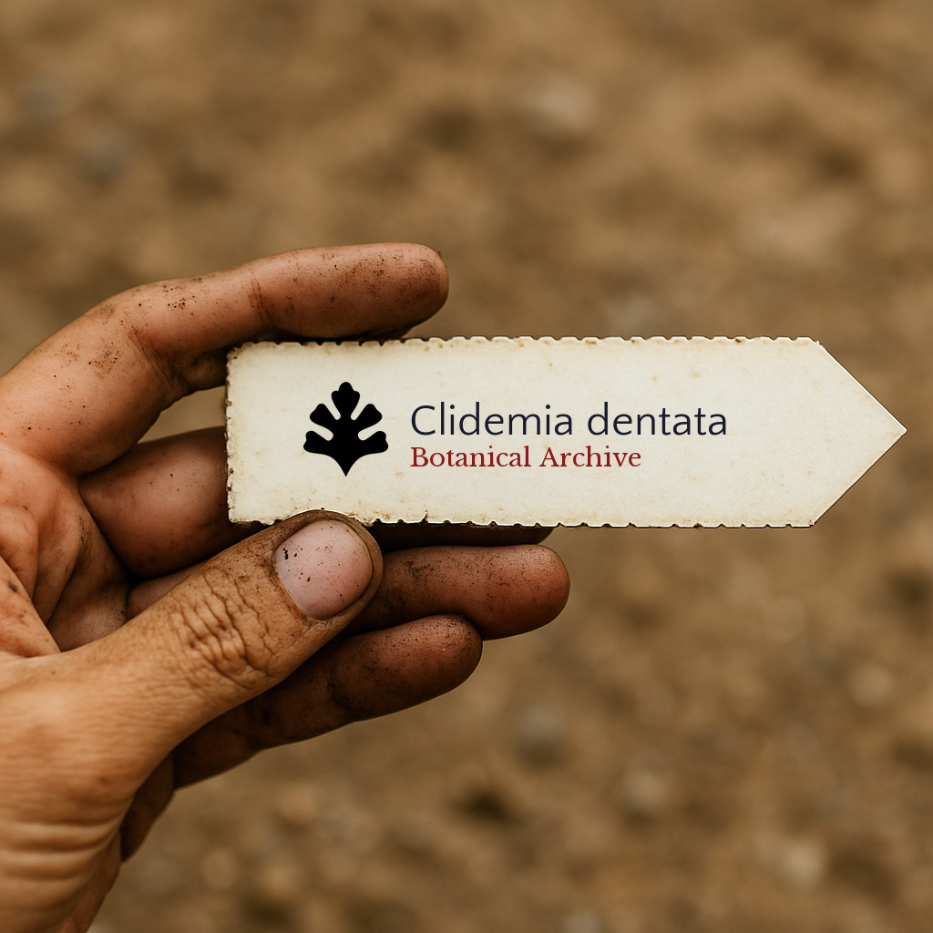 Etichetta stampata per pianta di Clidemia dentata tenuta da mano sporca su sfondo di terreno