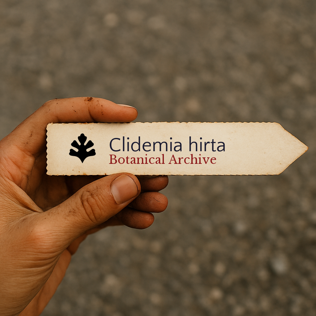 Printed plant label for Clidemia hirta held in hand with textured background