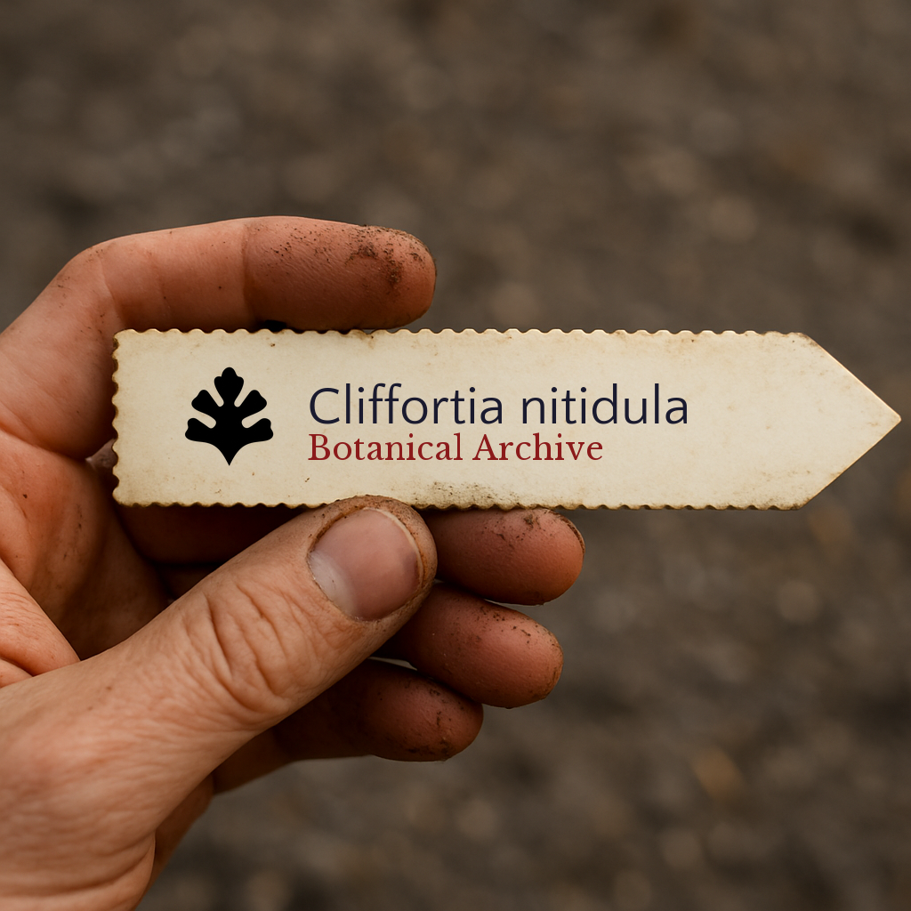 Vintage botanical archive plant label for Cliffortia nitidula held by dirty hand