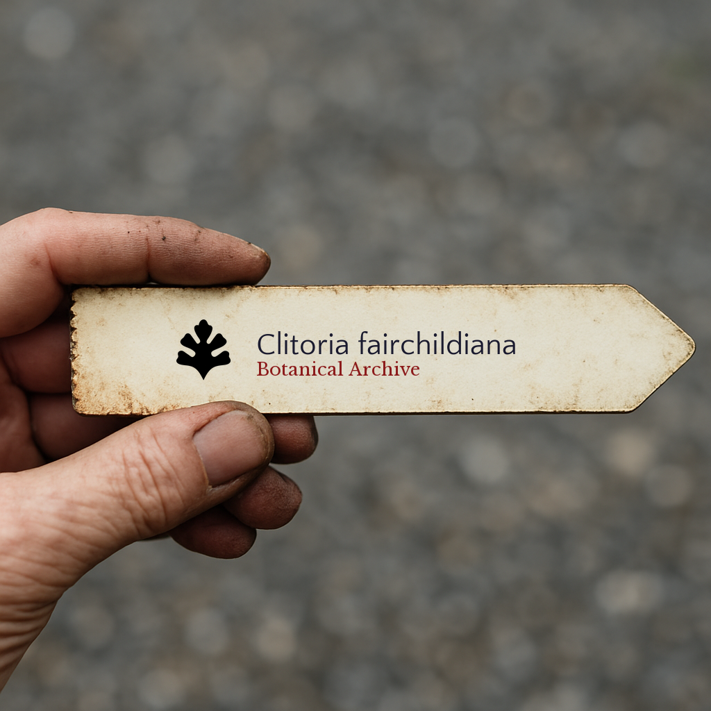 Etichetta stampata per pianta Clitoria fairchildiana tenuta in mano con sfondo sfocato