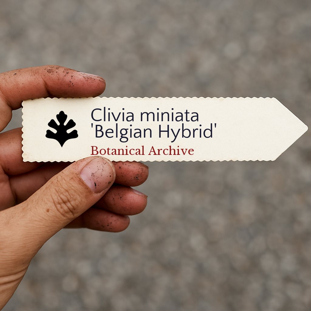 Printed plant label for Clivia miniata 'Belgian Hybrid' held by hand with soil-stained fingers