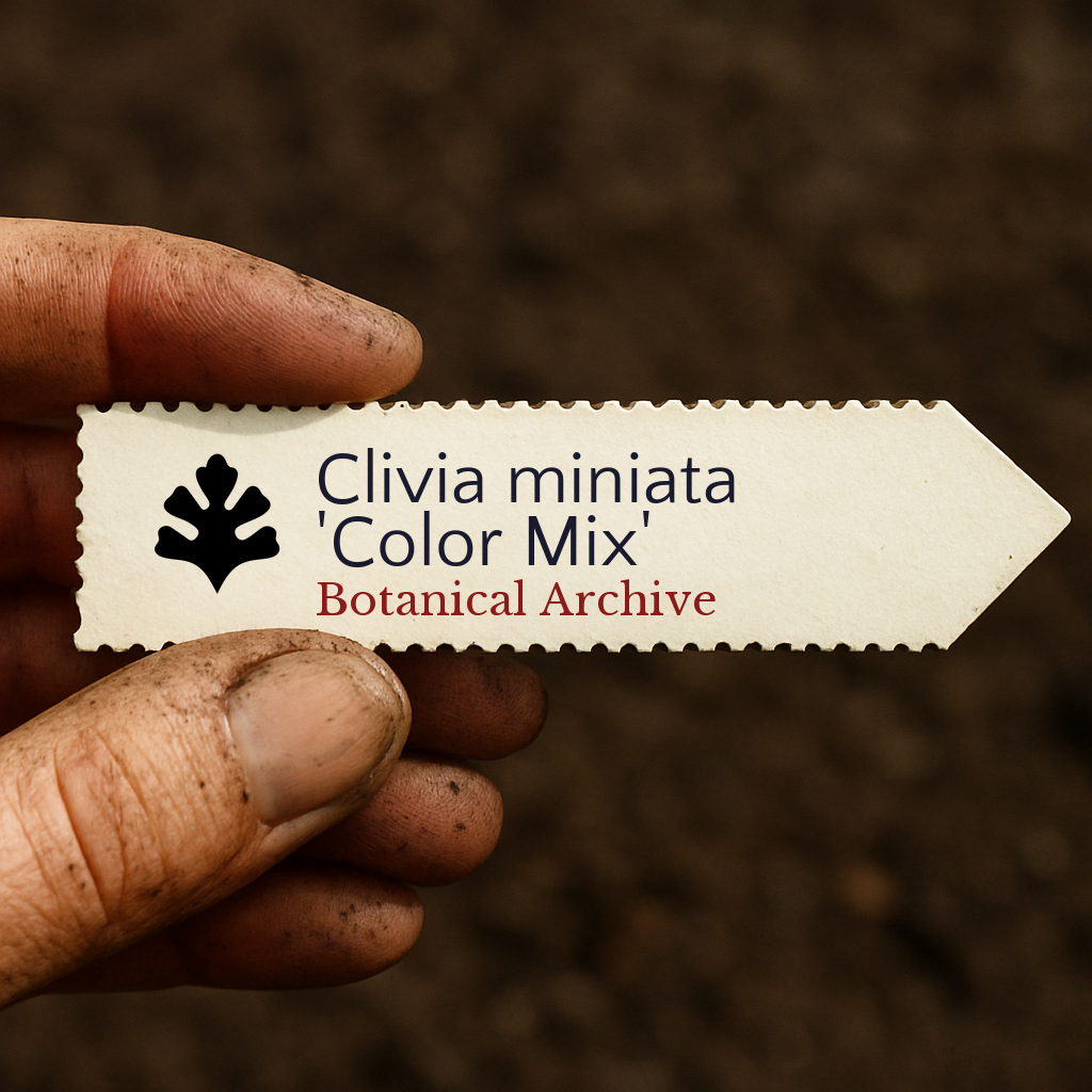 Etichetta a stampa per pianta Clivia miniata 'Color Mix' tenuta da mano sporca su sfondo di terra