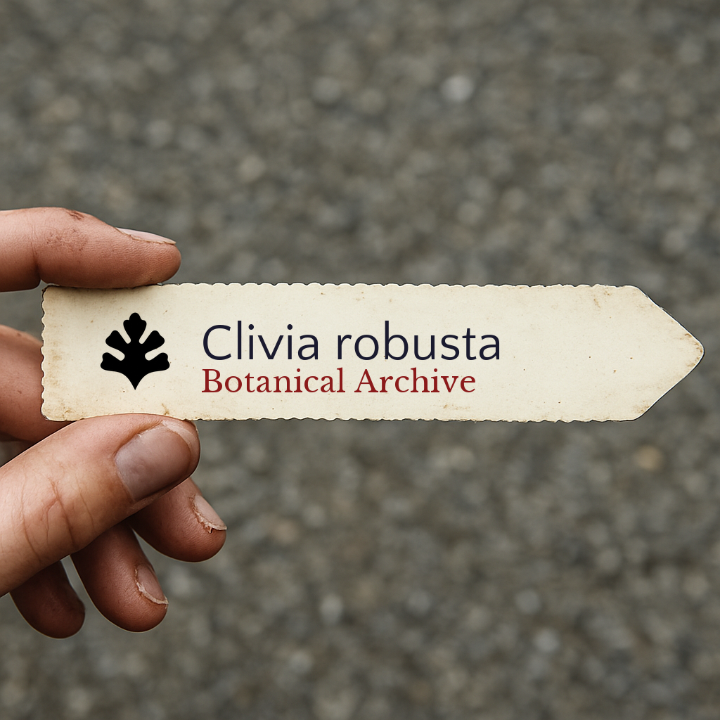 Printed plant label for Clivia robusta with botanical archive logo held by hand