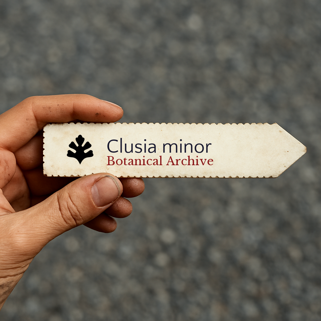 Printed plant label for Clusia minor with botanical archive logo held in hand
