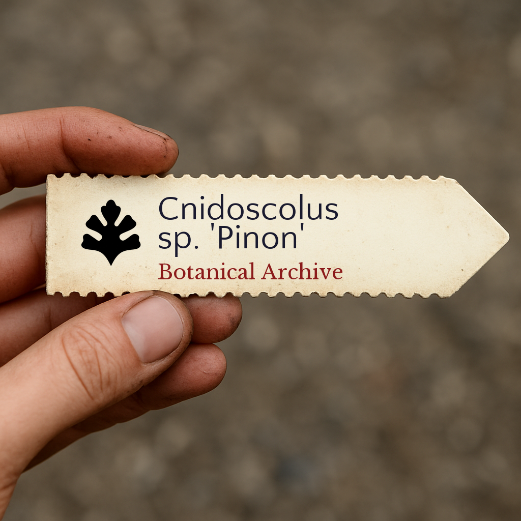 Printed plant label for Cnidoscolus sp. 'Pinon' held by hand with rustic background