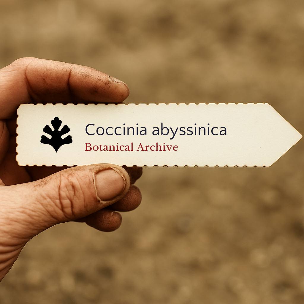 Etichetta vegetale stampata per Coccinia abyssinica tenuta da una mano con dita macchiate di terra