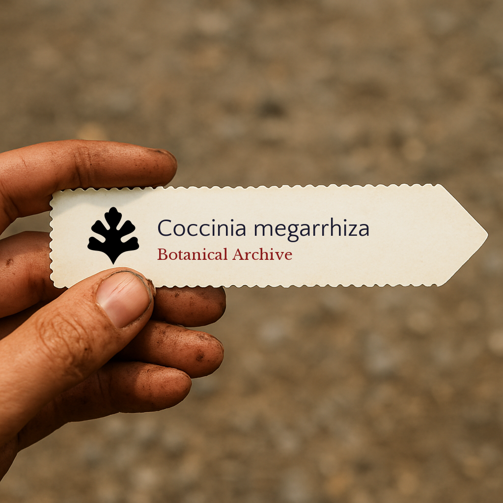Printed plant label for Coccinia megarrhiza with botanical archive logo held by hand