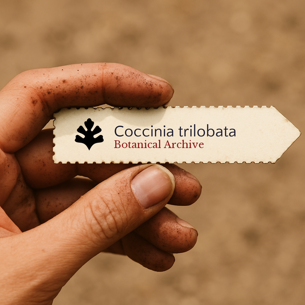 Printed plant label for Coccinia trilobata held by dirty hand outdoors