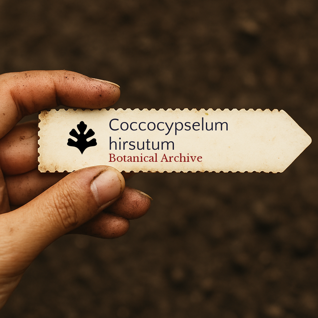 Etichetta stampata per pianta di Coccocypselum hirsutum tenuta in mano su sfondo di terreno