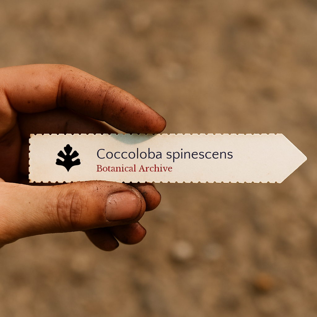 Etichetta vegetale stampata per Coccoloba spinescens tenuta a mano con sfondo di terreno