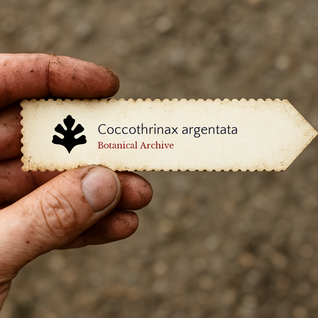 Etichetta per pianta stampata per Coccothrinax argentata con il logo di Botanical Archive tenuta a mano