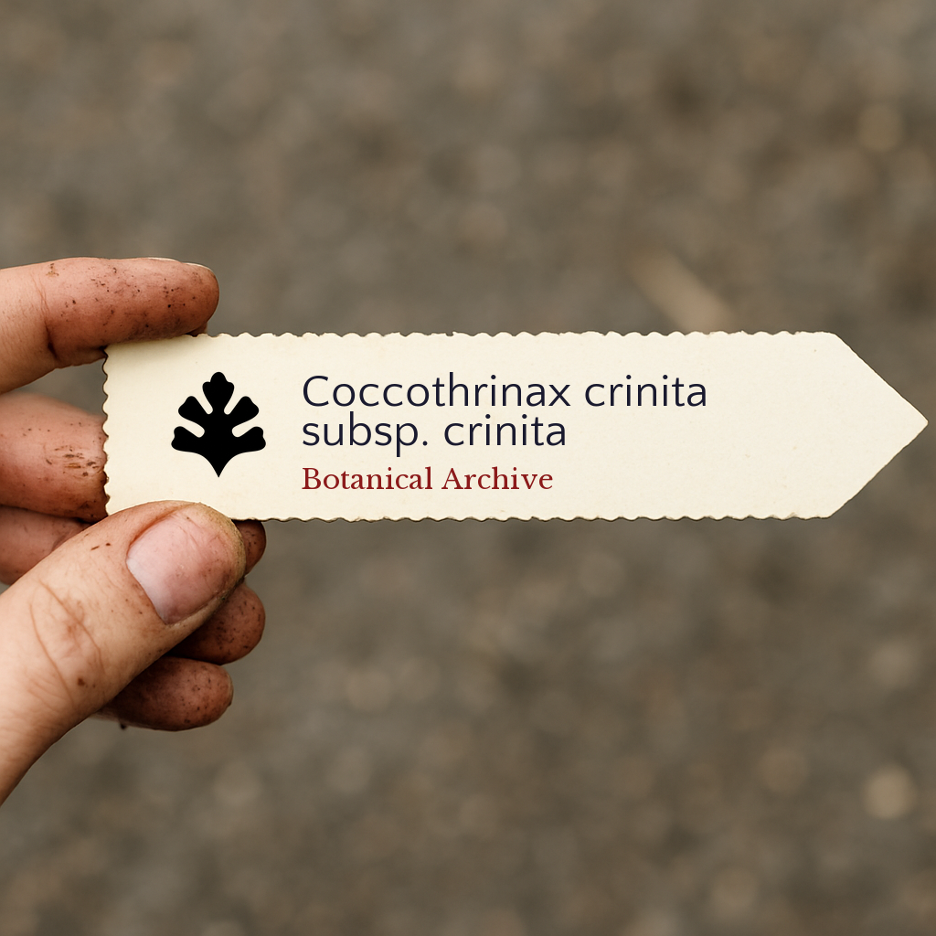 Printed plant label for Coccothrinax crinita subsp. crinita held by hand with soil background