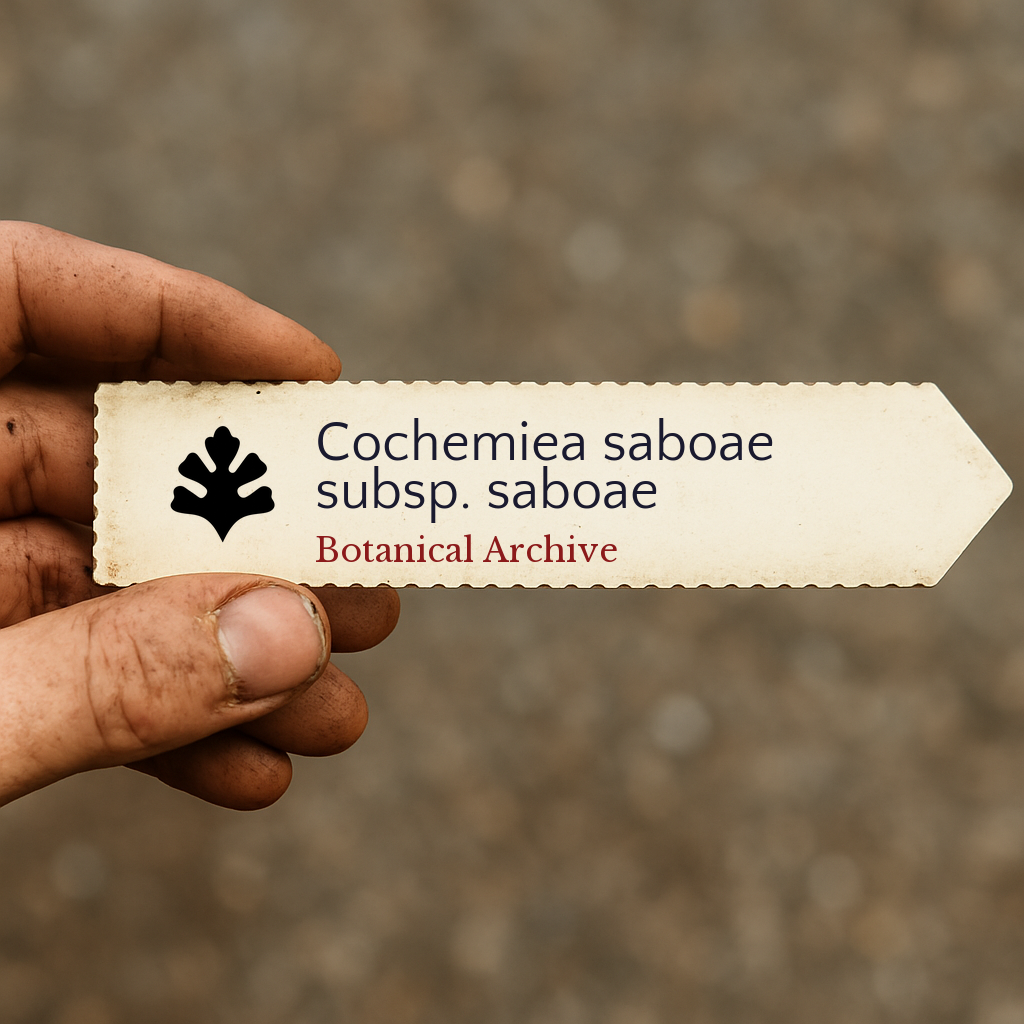 Etichetta della pianta stampata per Cochemiea saboae subsp. saboae tenuta in mano con sfondo di terra