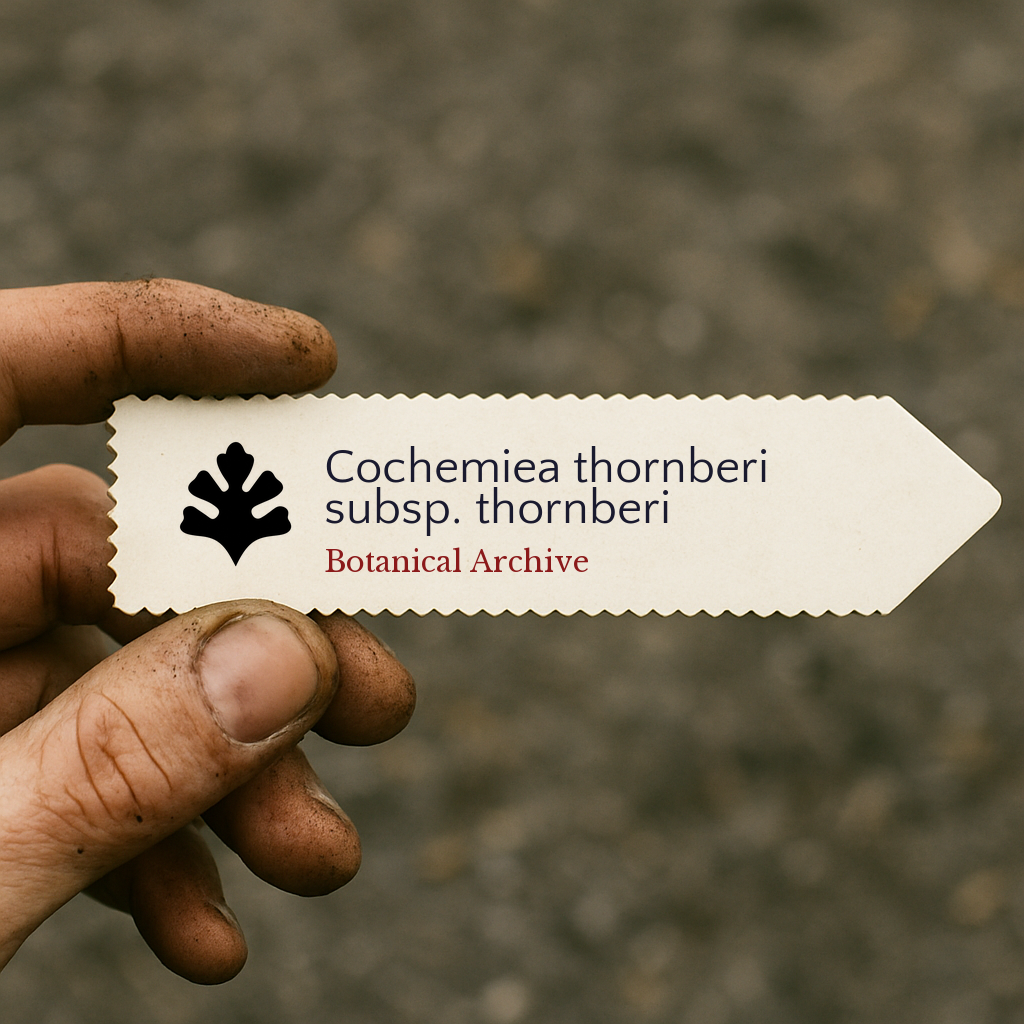 Printed plant label for Cochemiea thornberi subsp. thornberi held by dirty hand outdoors