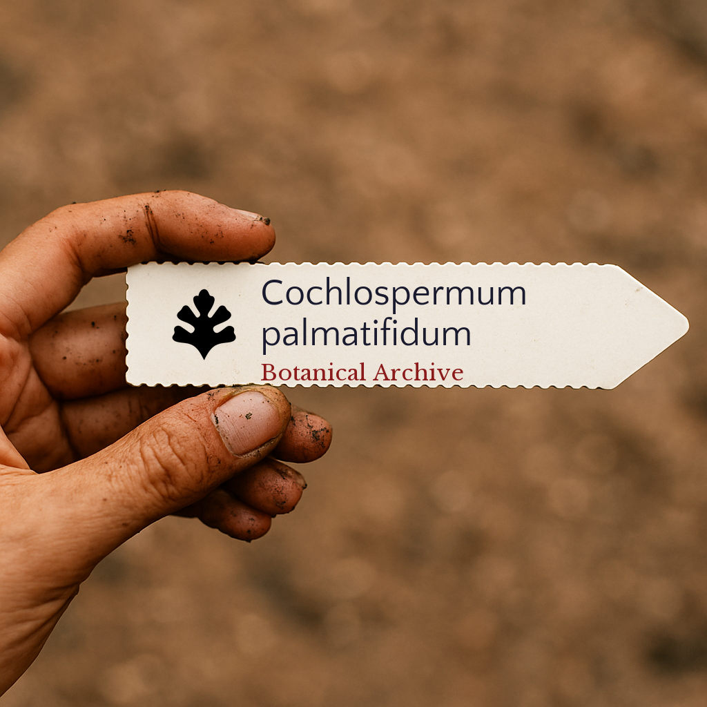 Printed plant label for Cochlospermum palmatifidum held by hand with soil background
