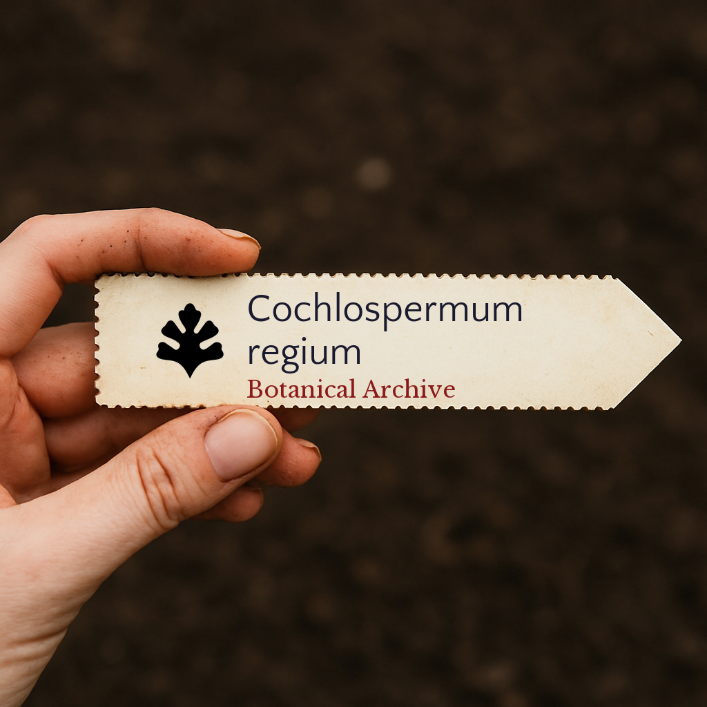 Etichetta per pianta stampata per Cochlospermum regium su sfondo di terreno scuro