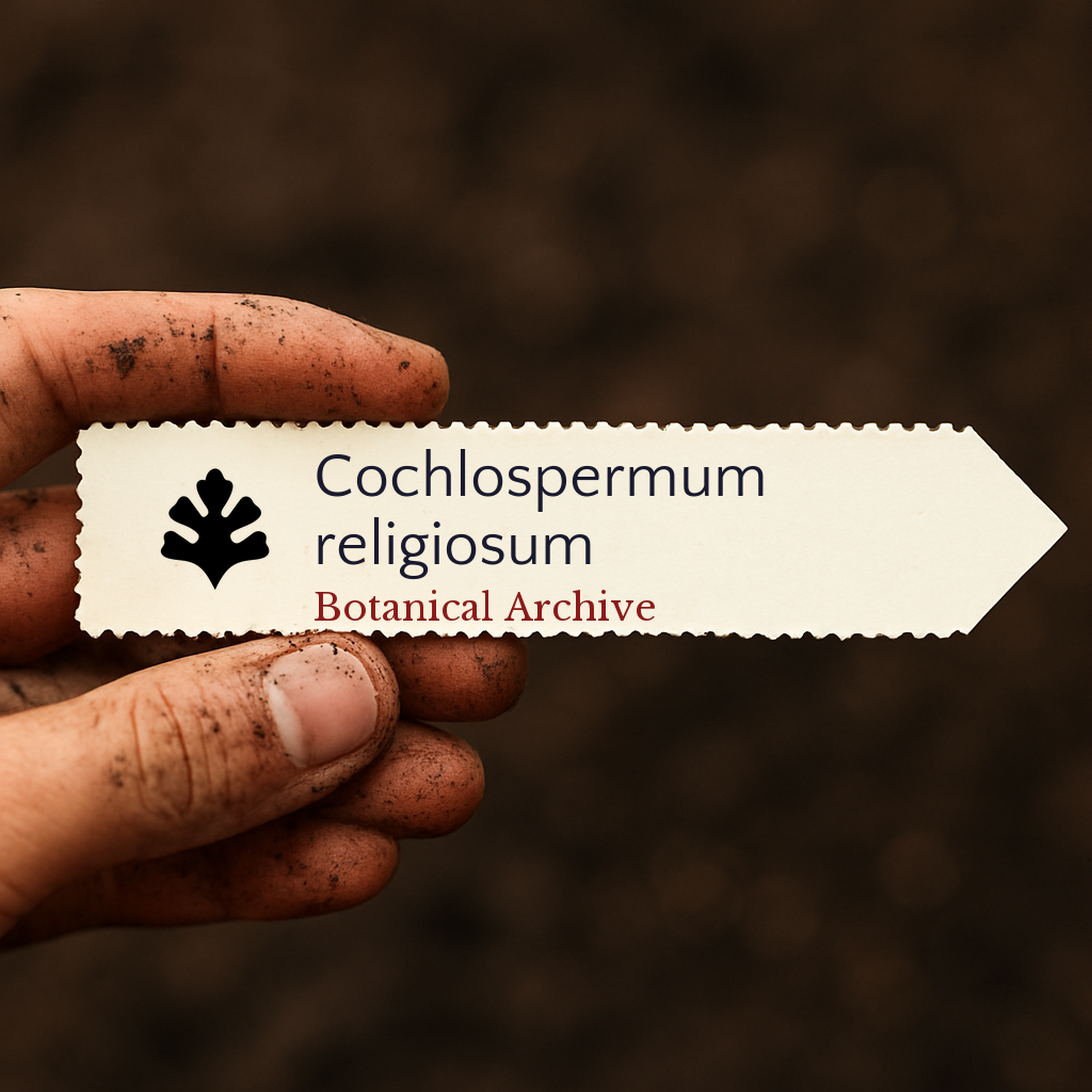 Printed plant label for Cochlospermum religiosum held by dirty hand over soil background